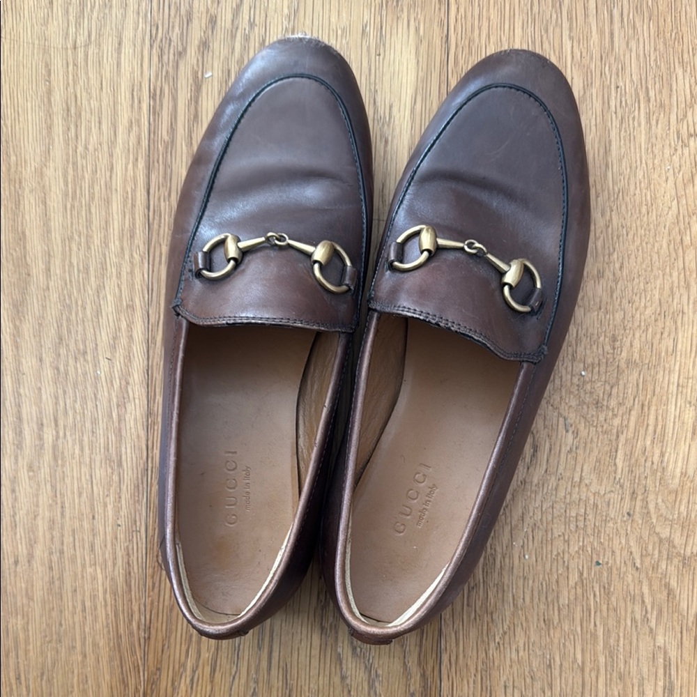 Gucci Brown and Gold Leather Loafers